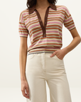 Faithfull Sable Polo Shirt in Luis Stripe Dusty Mauve