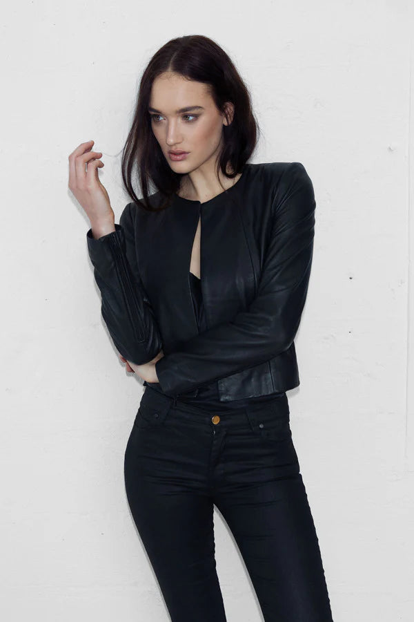 Long Sleeve Cropped Leather Jacket BLACK White Suede-Demkiw-Frolic Girls
