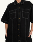 Kivari Rowyn Denim Shirt Dress in BLACK-Kivari-Frolic Girls