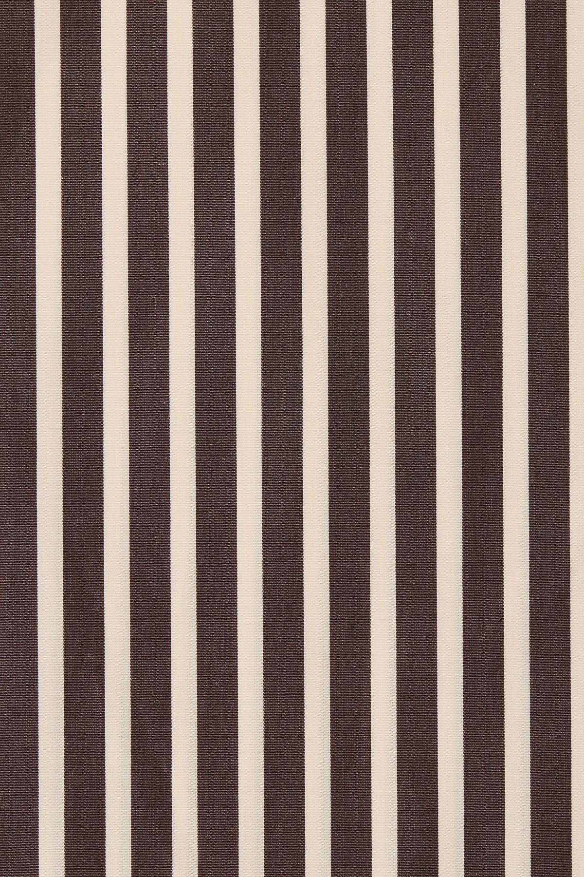 Close-up of Rita stripe port cotton fabric featuring vertical dark brown and cream stripes with a textured weave.