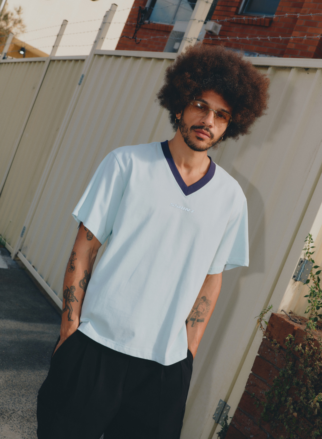 SSAINT Reflective V Neck Tee in Mint