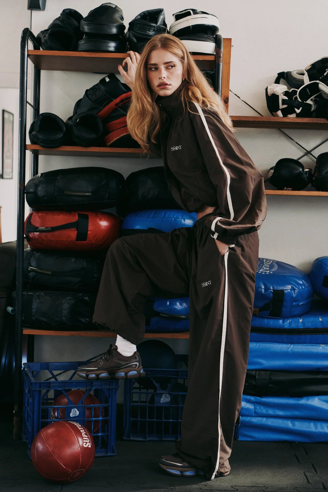 SSAINT Windbreaker Zip Jacket in Brown/Cream