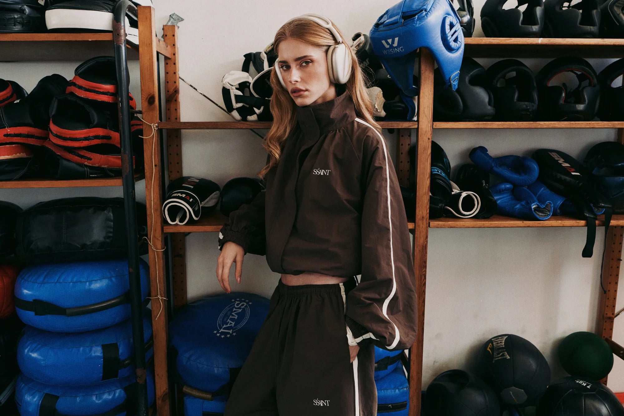 SSAINT Windbreaker Zip Jacket in Brown/Cream