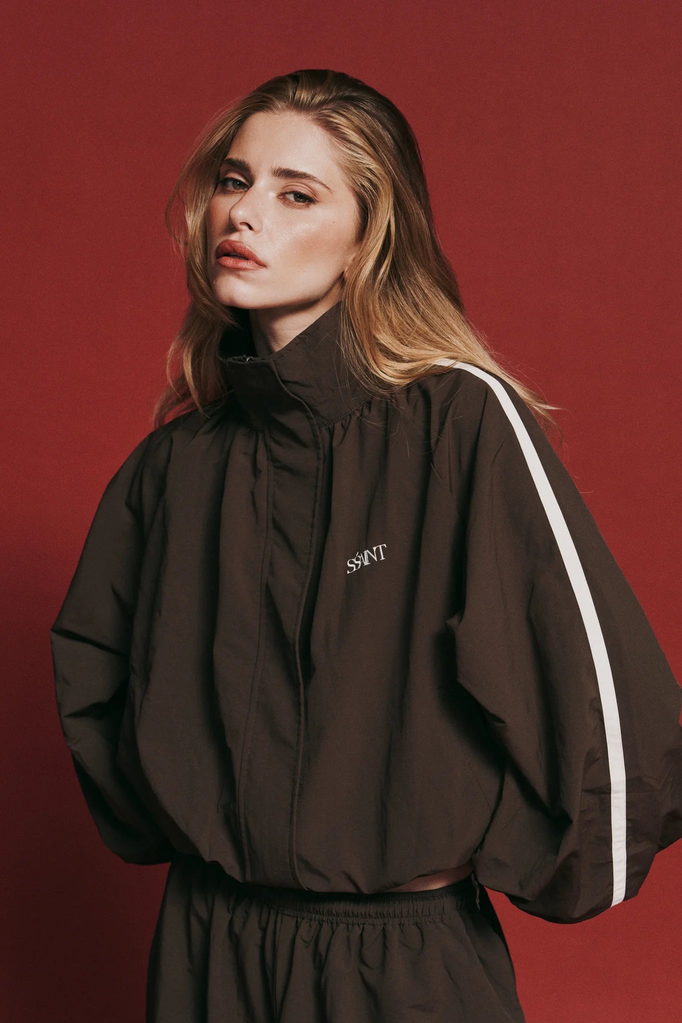 SSAINT Windbreaker Zip Jacket in Brown/Cream