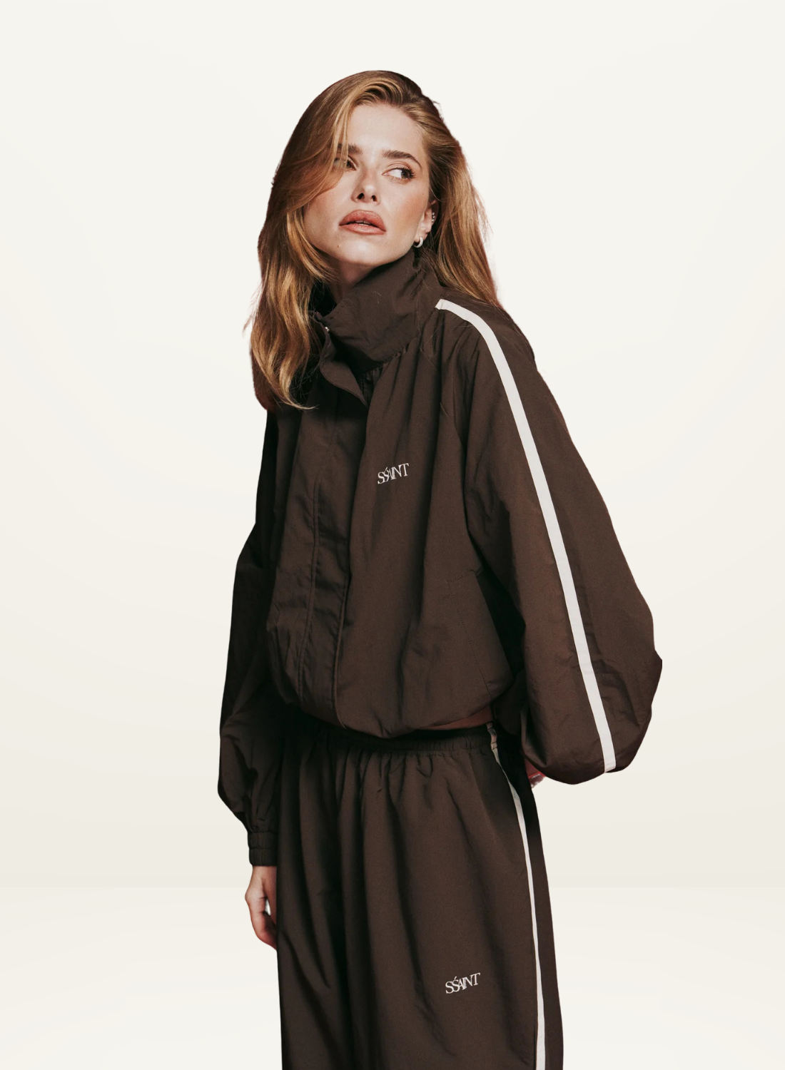 SSAINT Windbreaker Zip Jacket in Brown/Cream