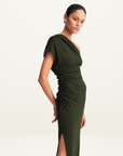 Shona Joy Beau Asymmetric Midi Dress in ARMY GREEN