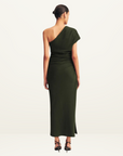 Shona Joy Beau Asymmetric Midi Dress in ARMY GREEN