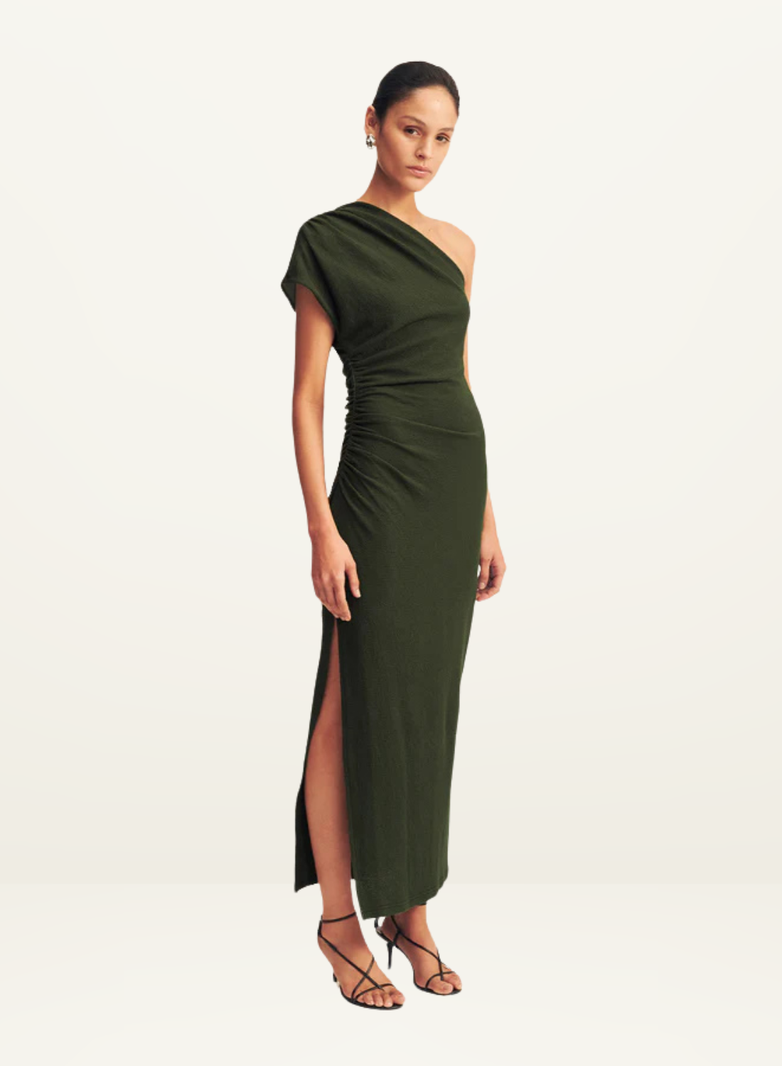 Shona Joy Beau Asymmetric Midi Dress in ARMY GREEN