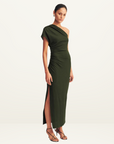 Shona Joy Beau Asymmetric Midi Dress in ARMY GREEN