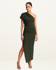 Shona Joy Beau Asymmetric Midi Dress in ARMY GREEN