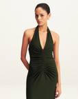 Shona Joy Beau Halter Ruched Midi Dress in ARMY GREEN