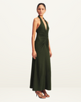 Shona Joy Beau Halter Ruched Midi Dress in ARMY GREEN