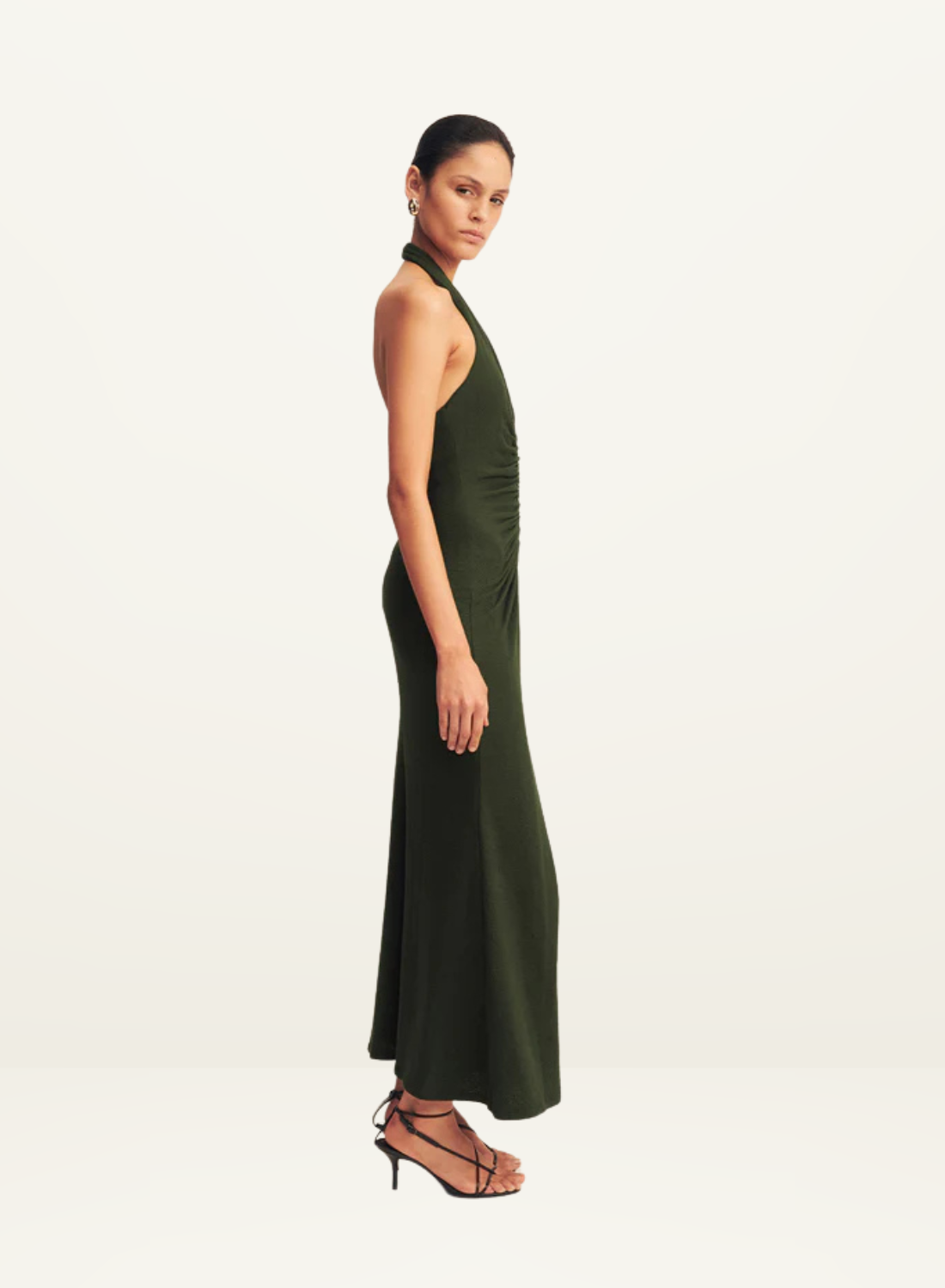 Shona Joy Beau Halter Ruched Midi Dress in ARMY GREEN