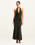 Shona Joy Beau Halter Ruched Midi Dress in ARMY GREEN