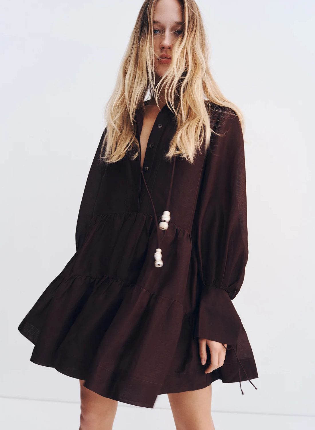 Shona Joy Celeste Tiered Mini Dress in GANACHE