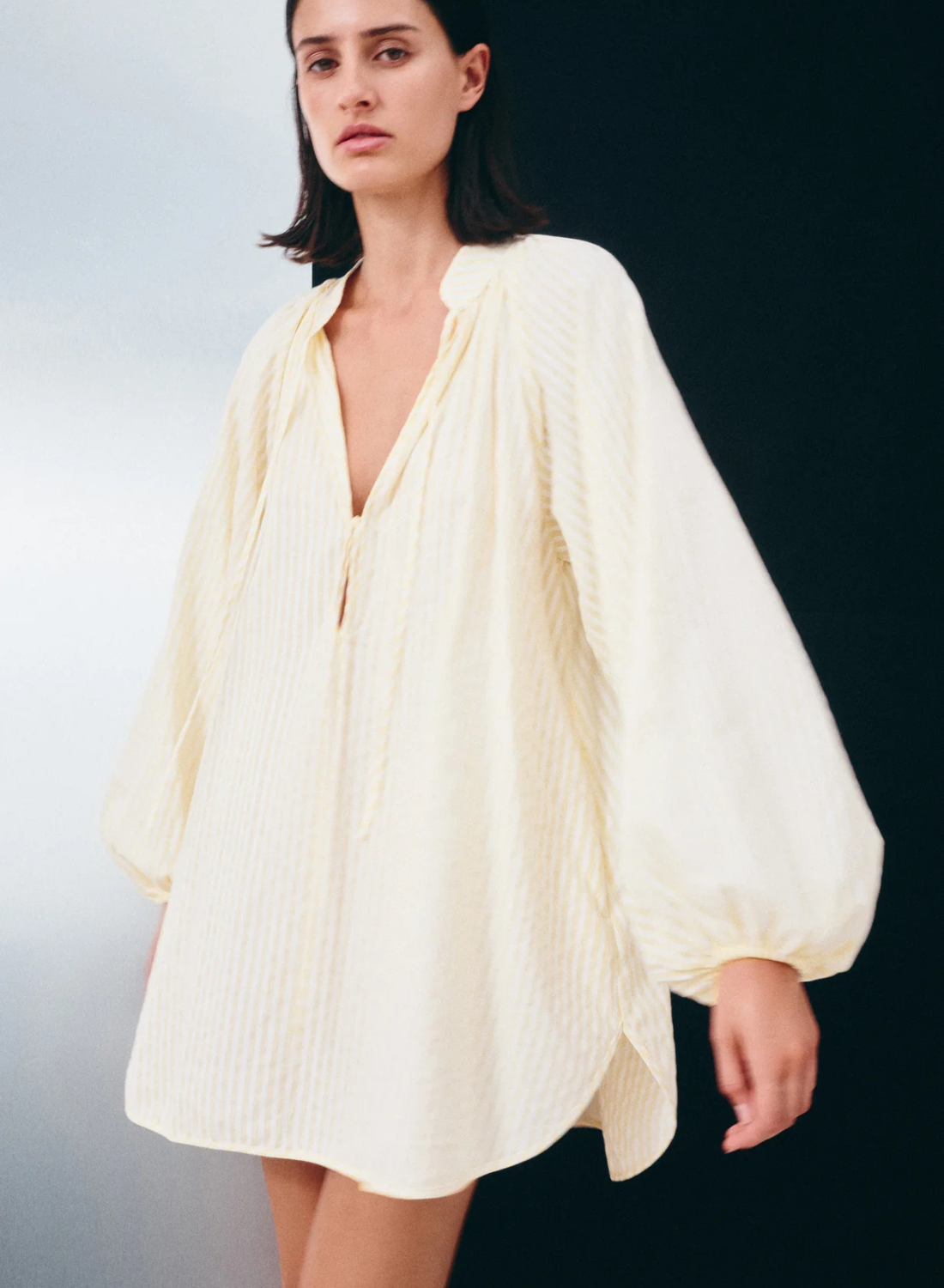 Shona Joy Elio Blouson Mini Dress in Buttercream Stripe