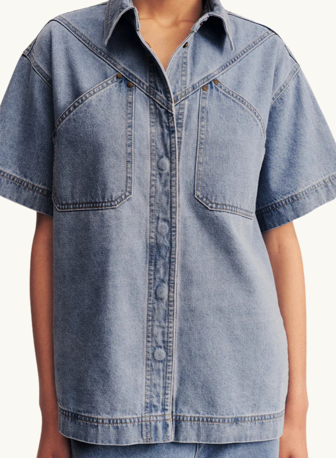 Shona Joy Stella Denim Short Sleeve Shirt in Mid Blue