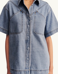 Shona Joy Stella Denim Short Sleeve Shirt in Mid Blue