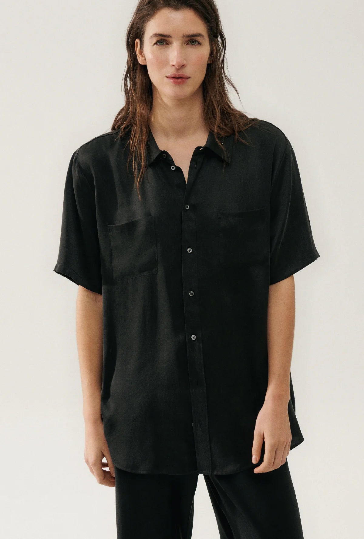 Short Sleeve Boyfriend Shirt BLACK Silk Laundry-Silk Laundry-Frolic Girls