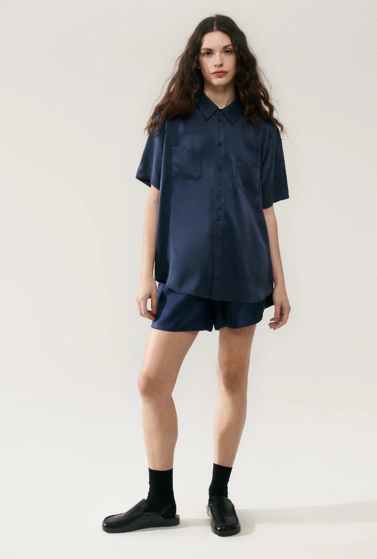 Short Sleeve Boyfriend Shirt MIDNIGHT Silk Laundry-Silk Laundry-Frolic Girls