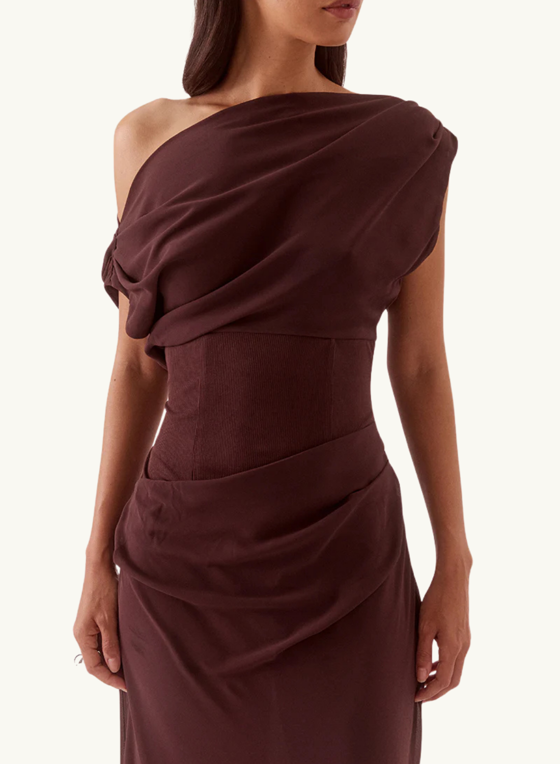 Sovere Ada Off Shoulder Dress in Chocolate
