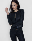 Long Sleeve Cropped Leather Jacket BLACK White Suede-Demkiw-Frolic Girls