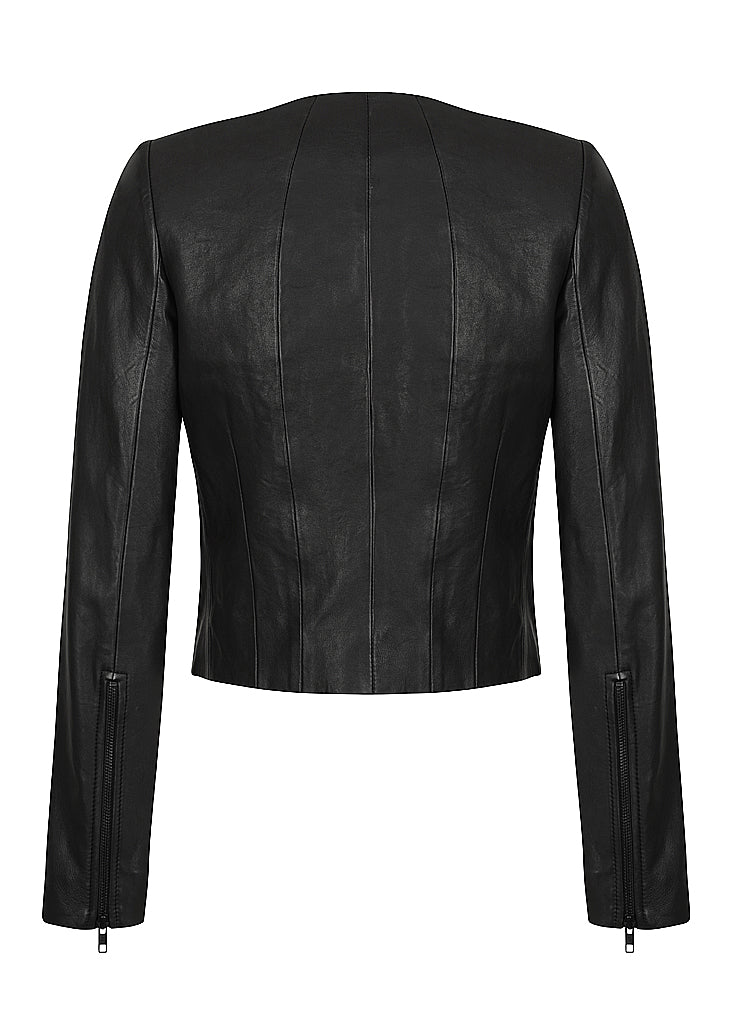 Long Sleeve Cropped Leather Jacket BLACK White Suede-Demkiw-Frolic Girls