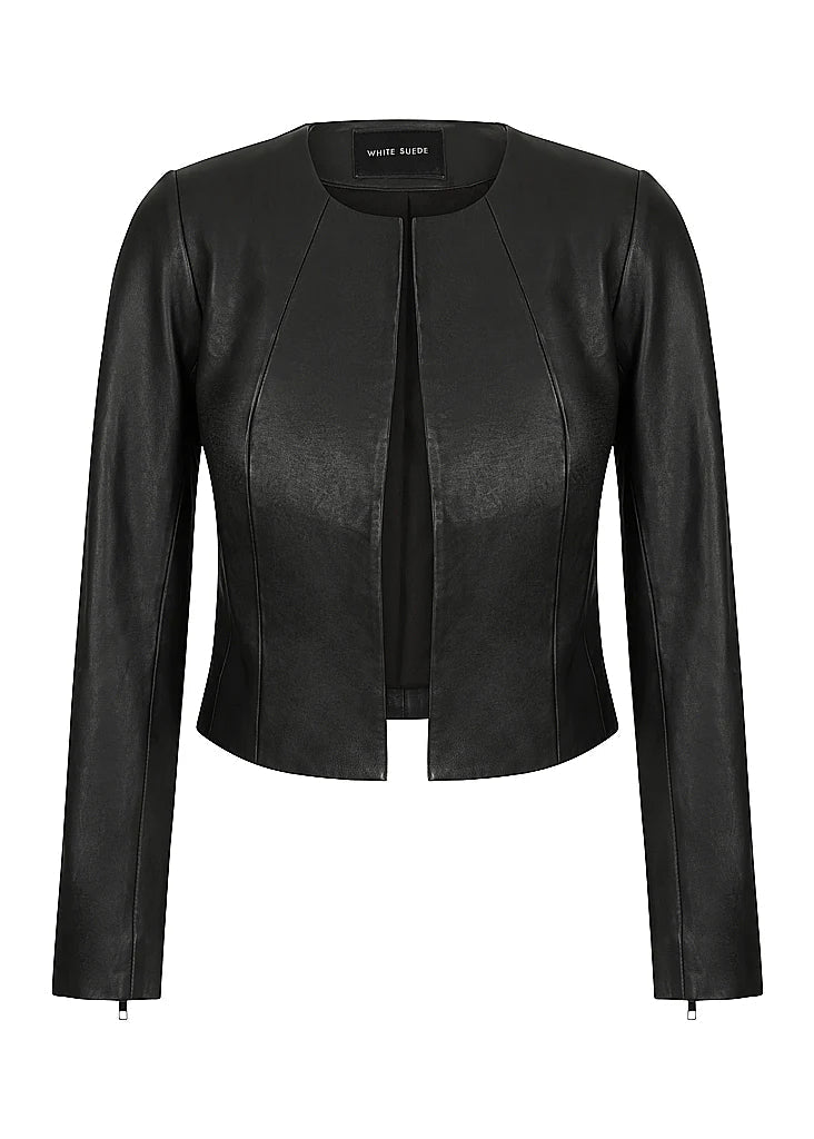 Long Sleeve Cropped Leather Jacket BLACK White Suede-Demkiw-Frolic Girls