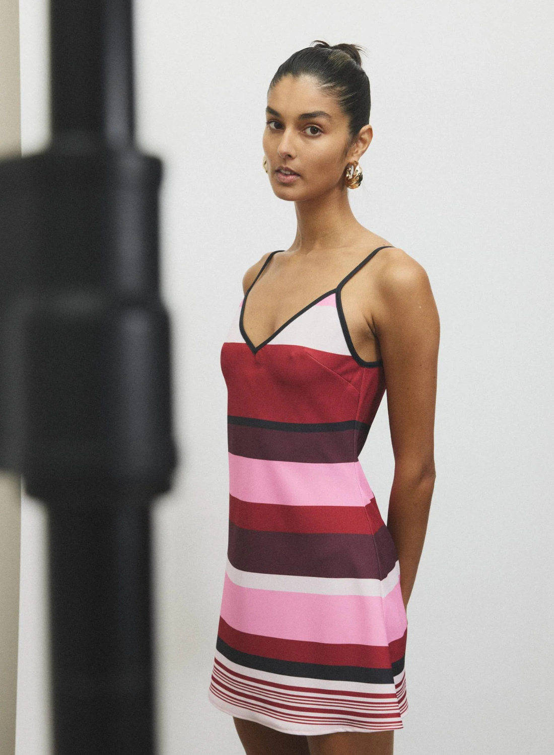 With Harper Lu Stripe Bias Mini Dress in Fucshia Stripe